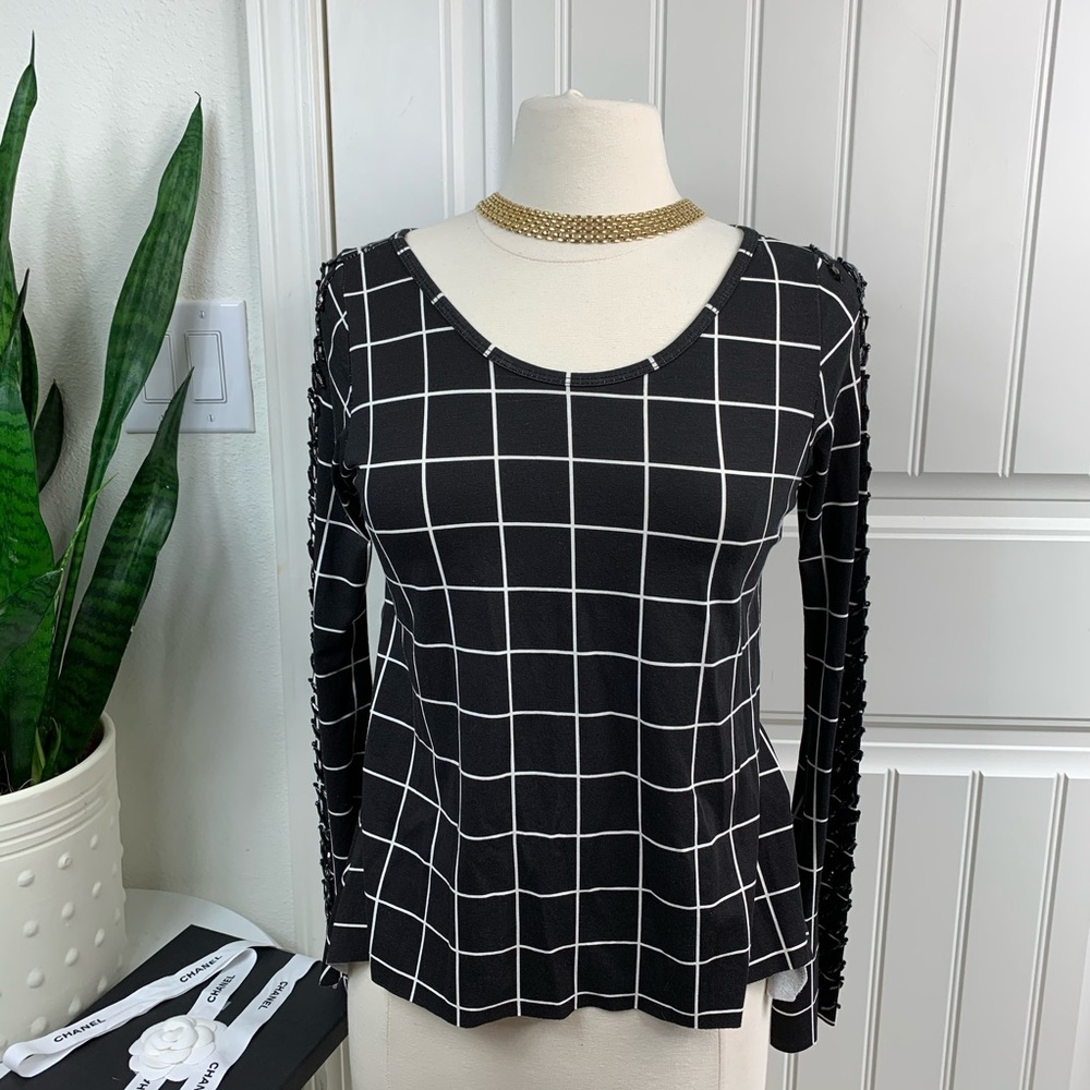 Lovely plaid black and white bell sleeve top M